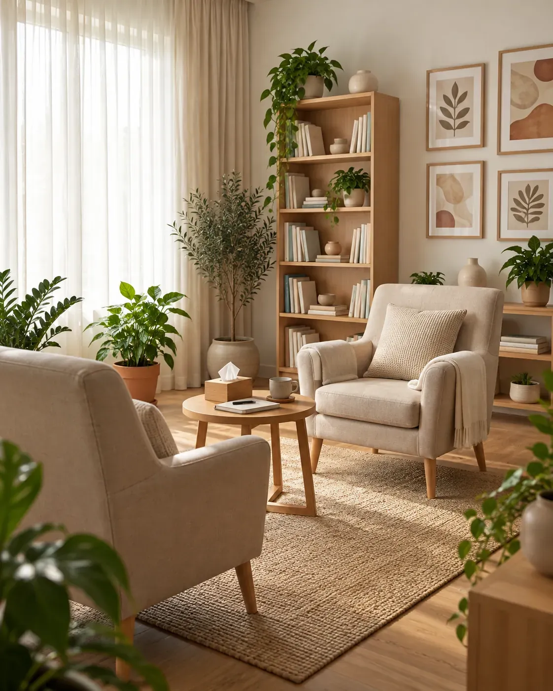 Consultório de Marina Costa: duas poltronas claras, plantas e luz natural da janela